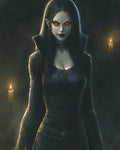 GRID THUMBNAIL — Pale female vampire with glowing red eyes and fangs, wearing a black lace dress, stands amid candles in a dark, moody interior.