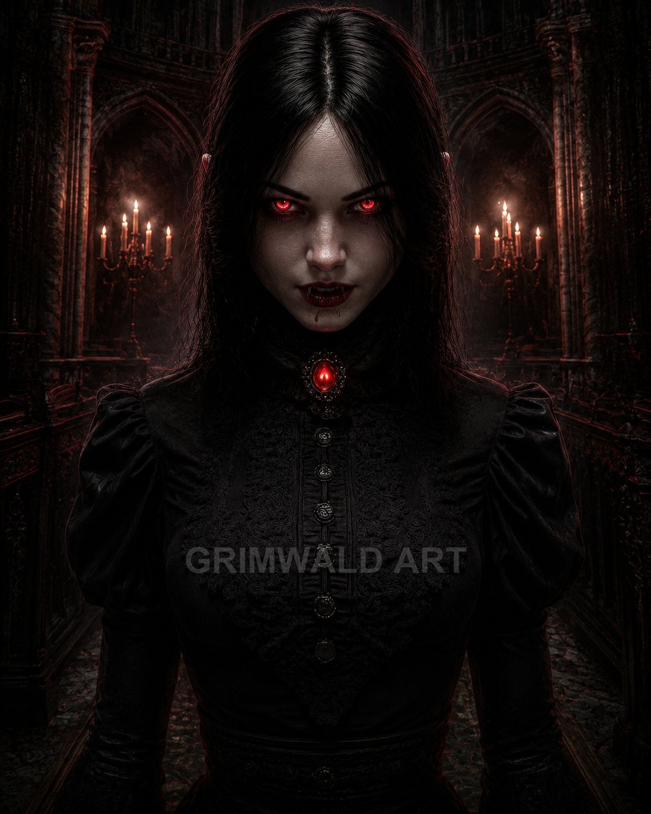 Close-up portrait of a female vampire in a black Victorian dress, glowing red eyes and bloodied lips, within a candlelit gothic cathedral.