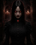 GRID THUMBNAIL — Close-up portrait of a female vampire in a black Victorian dress, glowing red eyes and bloodied lips, within a candlelit gothic cathedral.
