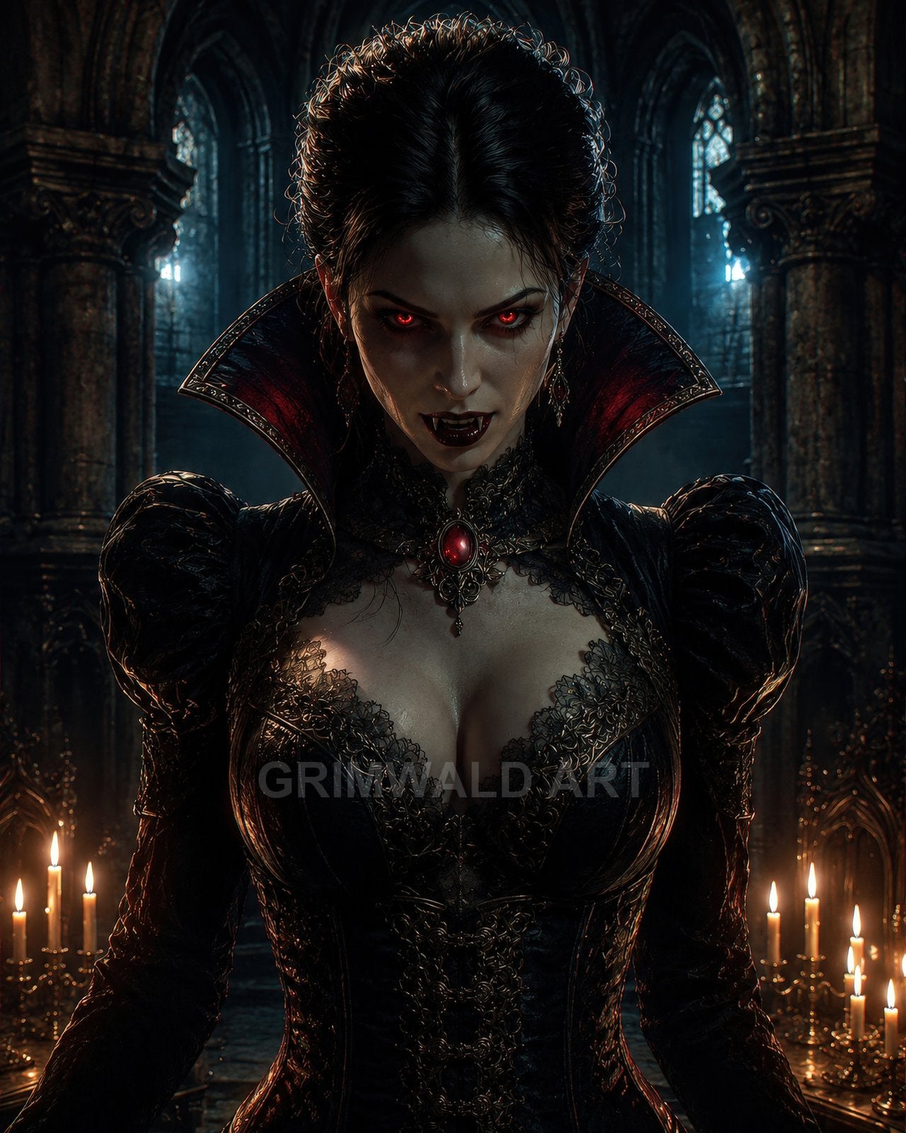 A female vampire with glowing red eyes and fangs in a dark gothic cathedral, wearing ornate black lace and a red pendant amid candles.