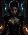 GRID THUMBNAIL — A female vampire with glowing red eyes and fangs in a dark gothic cathedral, wearing ornate black lace and a red pendant amid candles.