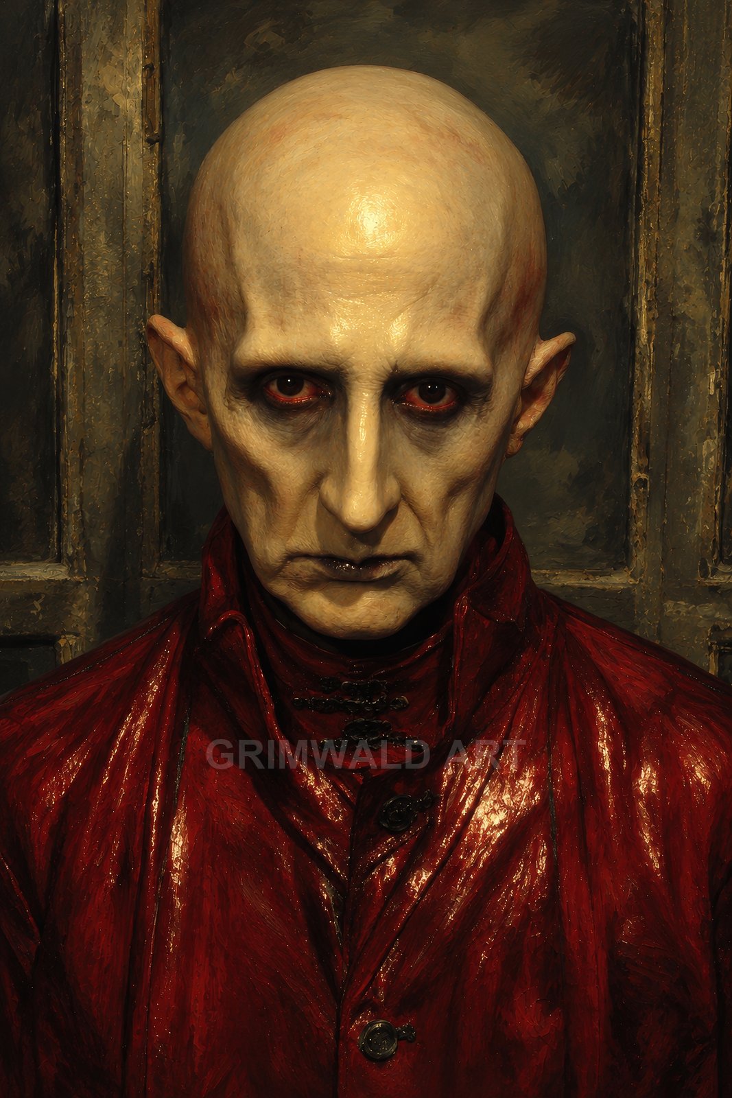 A bald, gaunt vampire with crimson eyes faces forward, wearing a glossy scarlet coat against a dim, aged interior in firelit tones.