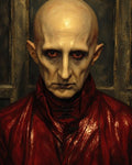 GRID THUMBNAIL — A bald, gaunt vampire with crimson eyes faces forward, wearing a glossy scarlet coat against a dim, aged interior in firelit tones.