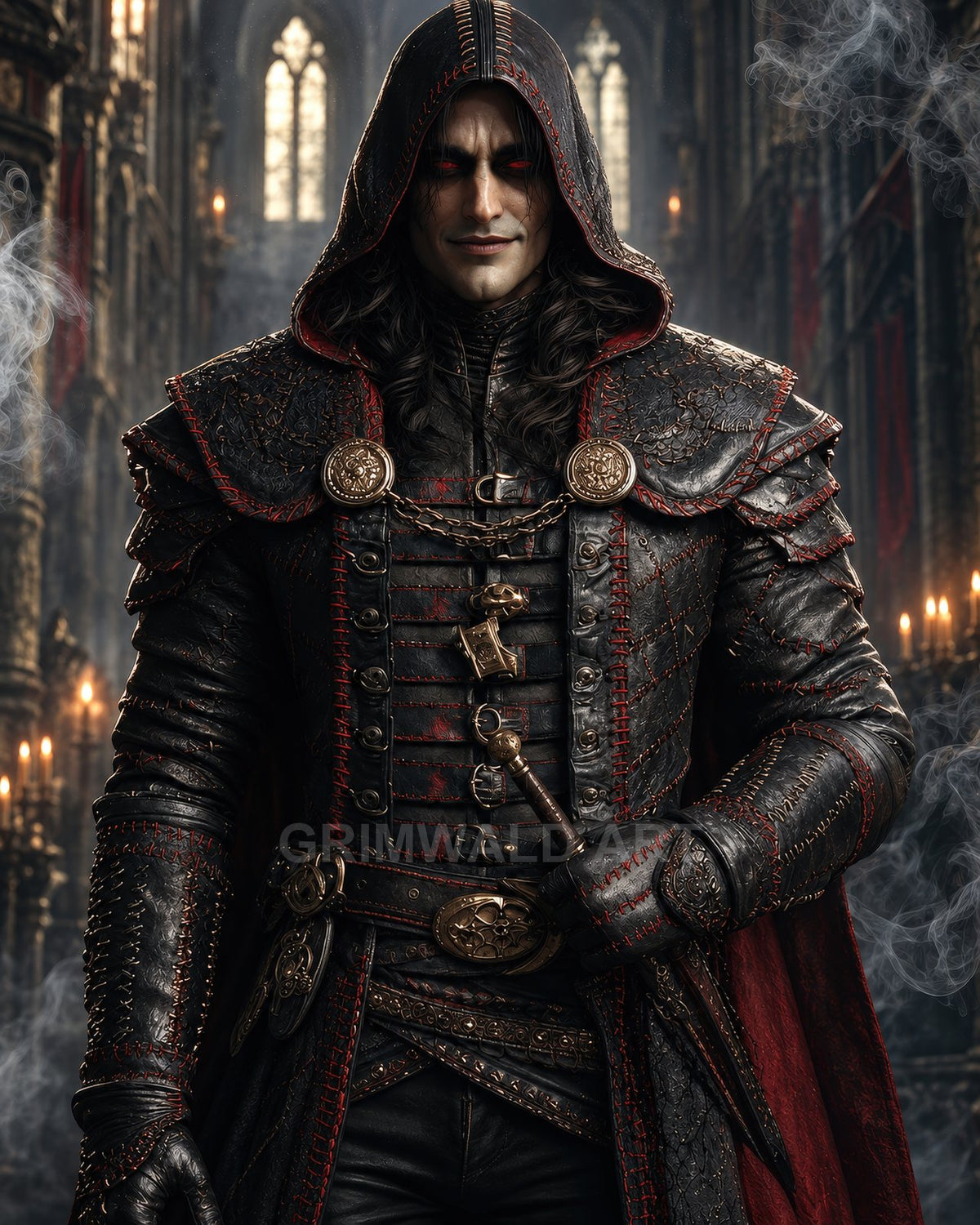 A hooded, red-eyed vampire in ornate black and crimson armour stands in a candlelit cathedral, gripping a dagger amid drifting smoke.