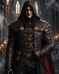 GRID THUMBNAIL — A hooded, red-eyed vampire in ornate black and crimson armour stands in a candlelit cathedral, gripping a dagger amid drifting smoke.