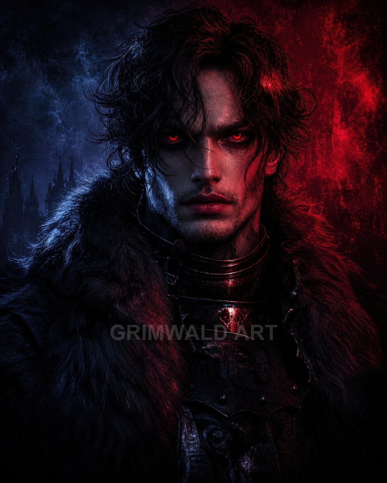 Brooding male vampire knight with glowing red eyes in black armour and fur cloak, moonlit castle silhouettes behind, dramatic red and blue lighting.