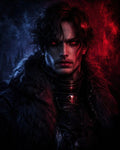 GRID THUMBNAIL — Brooding male vampire knight with glowing red eyes in black armour and fur cloak, moonlit castle silhouettes behind, dramatic red and blue lighting.
