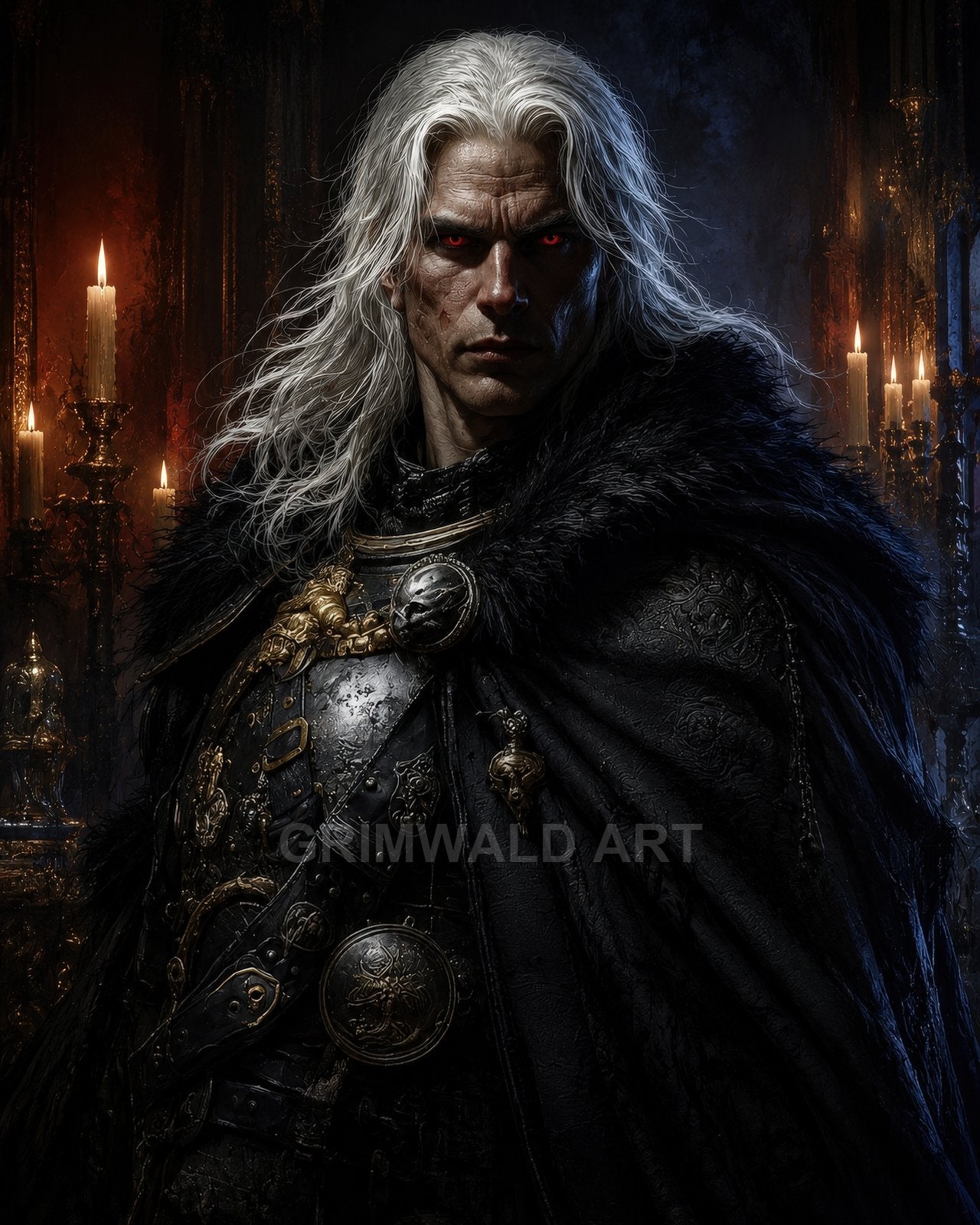 Armoured vampire with long white hair and glowing red eyes stands in a candlelit gothic hall, black fur cloak and ornate gilded details.