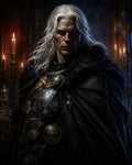 GRID THUMBNAIL — Armoured vampire with long white hair and glowing red eyes stands in a candlelit gothic hall, black fur cloak and ornate gilded details.