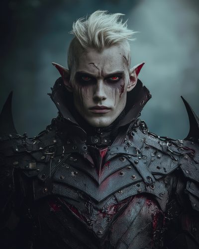 GRID THUMBNAIL — Armoured vampire with crimson eyes and spiked black plates faces forward, pale skin scarred and bloodstained, against a dark, misty background.