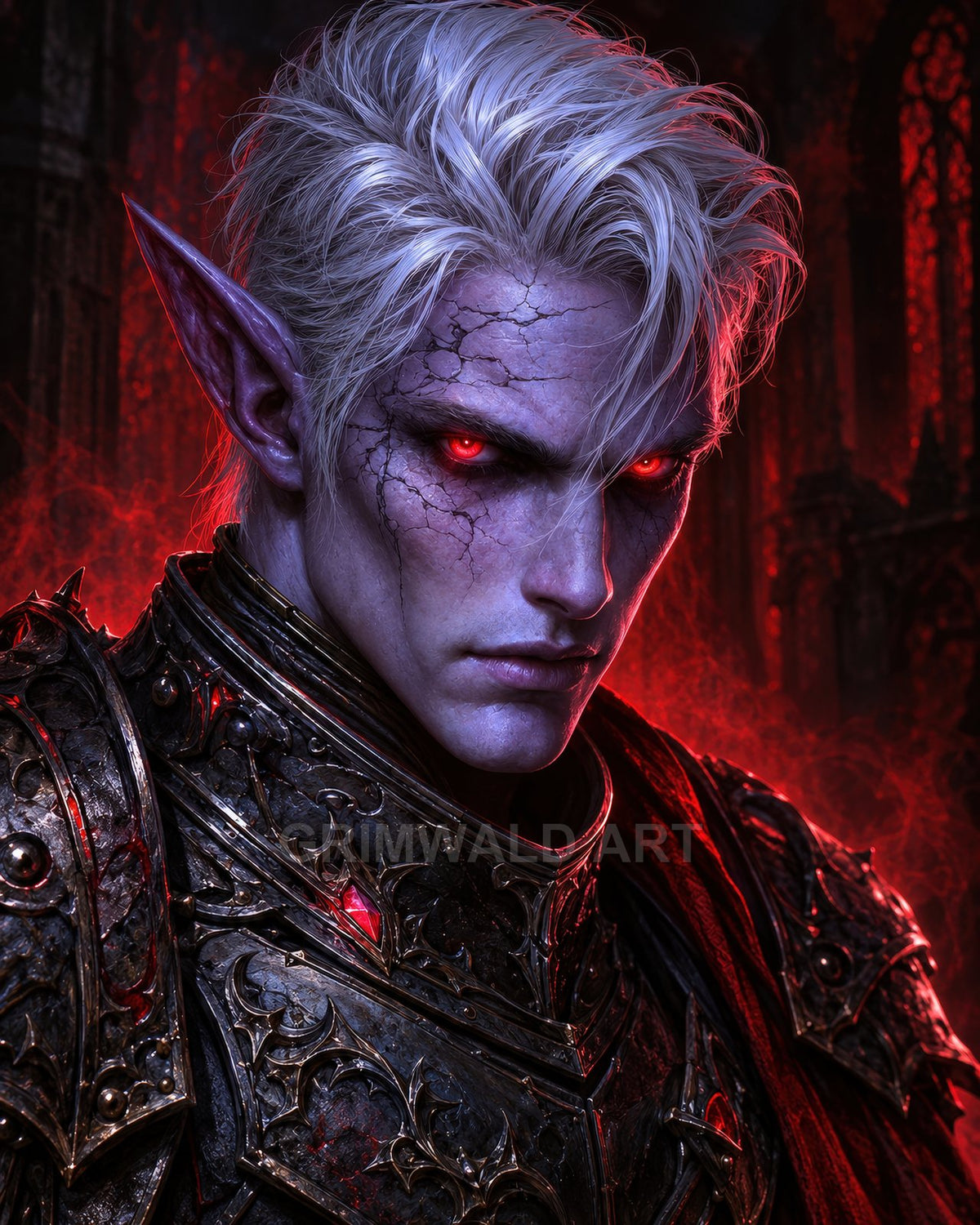 Close-up of a pale, silver-haired vampire knight in ornate armour, glowing red eyes and cracked skin, framed by a red-lit gothic cathedral.