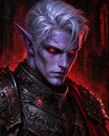 GRID THUMBNAIL — Close-up of a pale, silver-haired vampire knight in ornate armour, glowing red eyes and cracked skin, framed by a red-lit gothic cathedral.