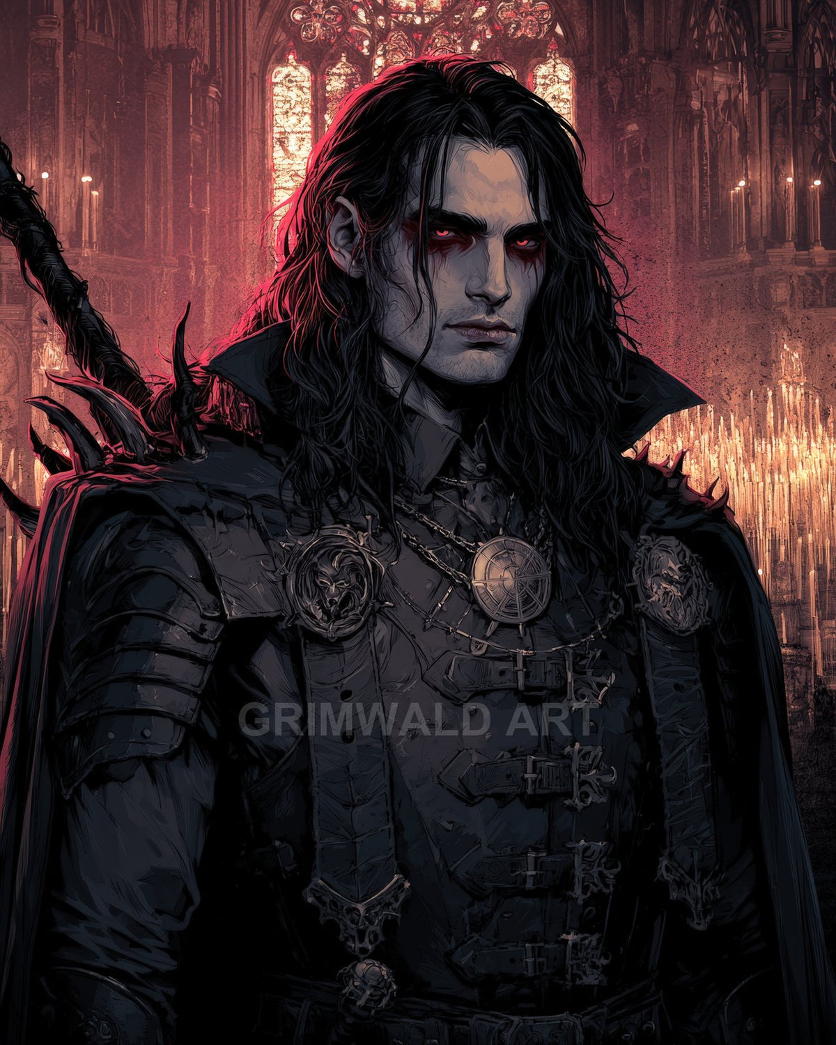 Brooding vampire knight with red eyes and black armour, sword on back, before firelit cathedral with stained glass and countless candles.