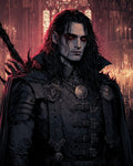 GRID THUMBNAIL — Brooding vampire knight with red eyes and black armour, sword on back, before firelit cathedral with stained glass and countless candles.