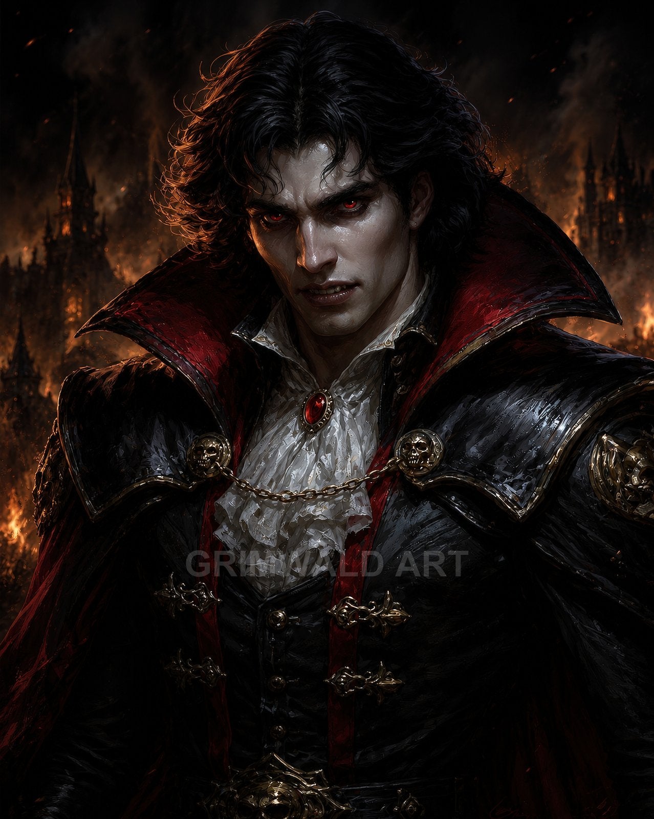 Male vampire with glowing red eyes in ornate black and crimson attire before a burning gothic castle at night, smoke and embers rising around him.