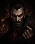 GRID THUMBNAIL — Close-up portrait of a sinister male vampire with red glowing eyes, fangs, and high-collared cloak, firelit candles flickering in a dark gothic interior.
