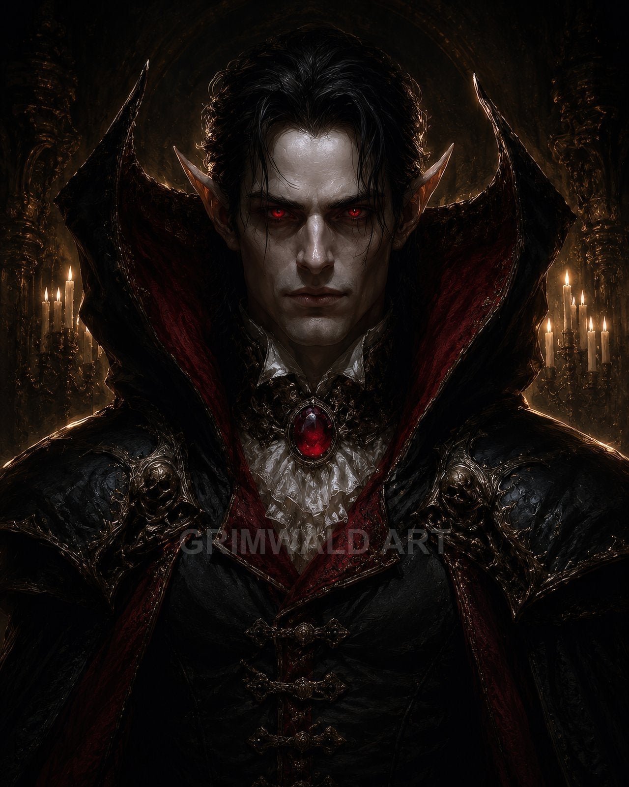 Pale male vampire with red eyes and a high-collared black and crimson cloak, ornate armour with skull motifs, before a candlelit gothic interior.