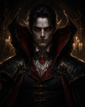 GRID THUMBNAIL — Pale male vampire with red eyes and a high-collared black and crimson cloak, ornate armour with skull motifs, before a candlelit gothic interior.