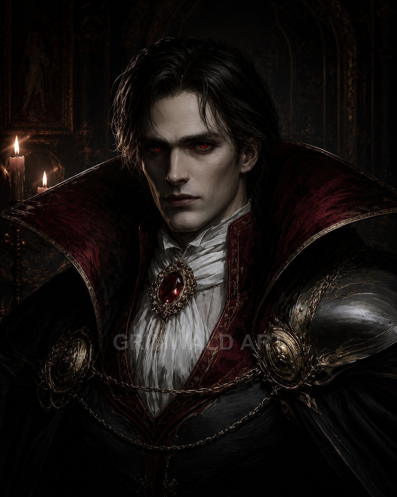 Portrait of a pale, red-eyed vampire noble in ornate black and crimson attire, high collar and jewel, candlelit gothic interior background.