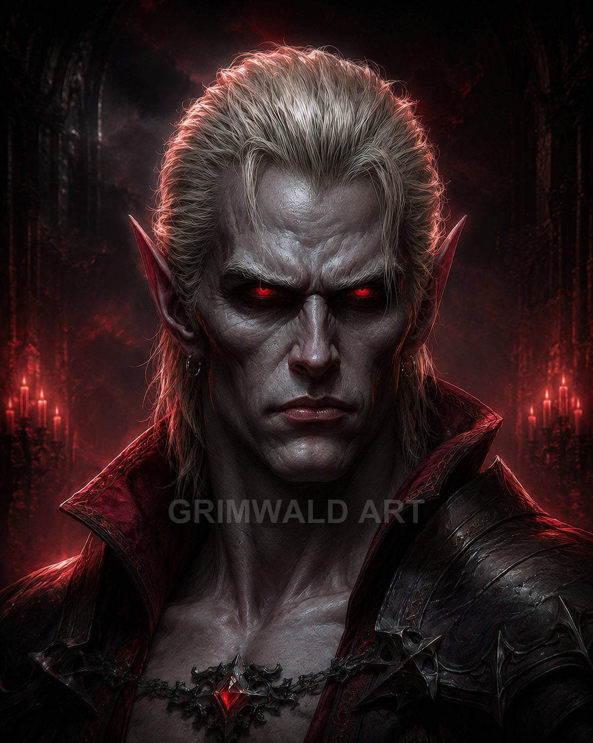 Brooding portrait of a pale male vampire with glowing red eyes and pointed ears, wearing dark armour and a crimson gem in a candlelit cathedral.