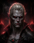 GRID THUMBNAIL — Brooding portrait of a pale male vampire with glowing red eyes and pointed ears, wearing dark armour and a crimson gem in a candlelit cathedral.