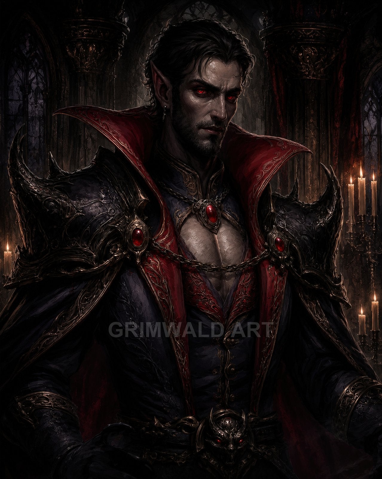A male vampire with red eyes and ornate black armour stands in a firelit gothic interior, crimson gemstones and high-collared cape gleaming amid candles.