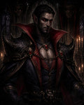 GRID THUMBNAIL — A male vampire with red eyes and ornate black armour stands in a firelit gothic interior, crimson gemstones and high-collared cape gleaming amid candles.