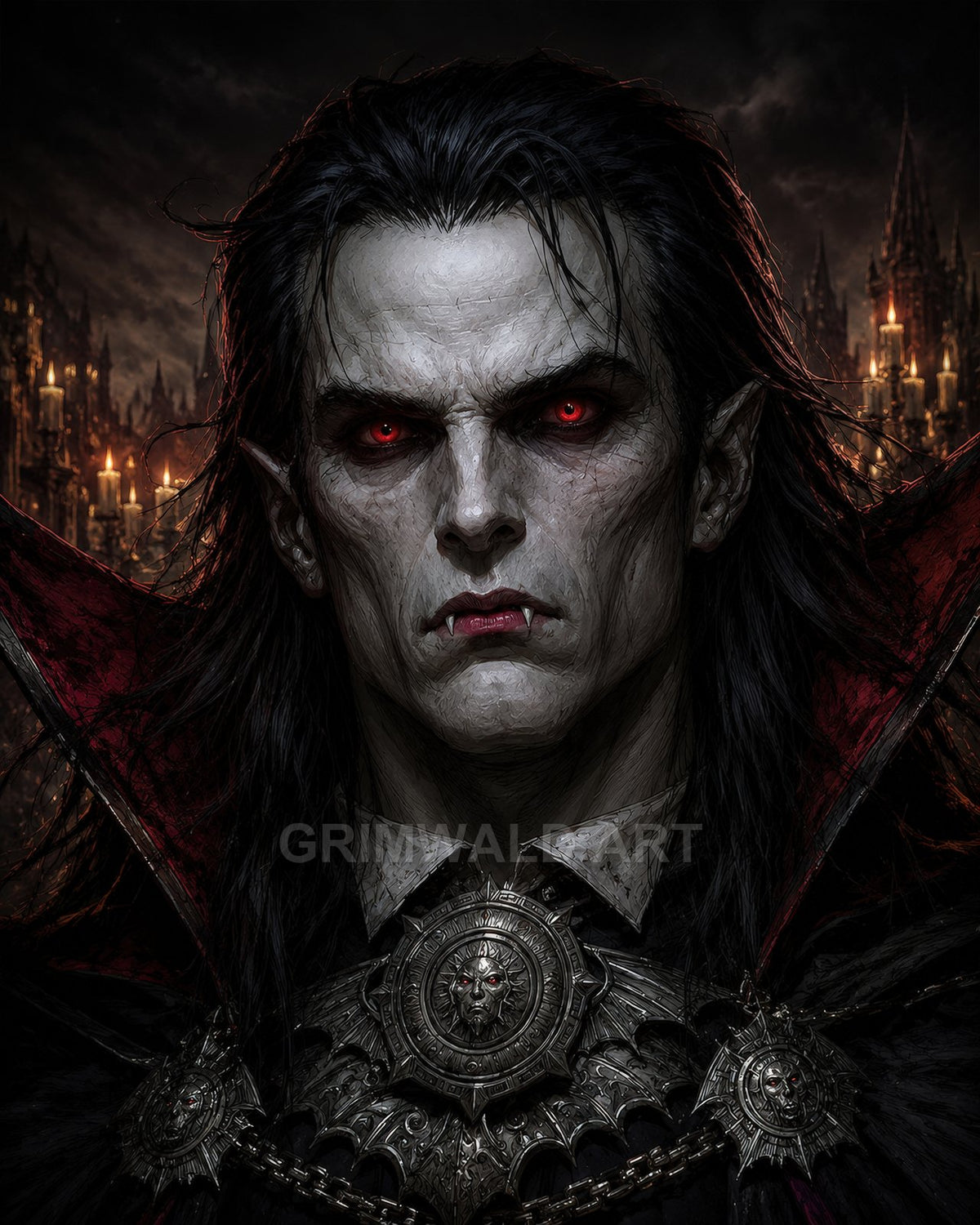 Portrait of a pale, red-eyed vampire with fangs, dark hair, ornate gothic armour and medallions, candles and spired castle glowing in the background.
