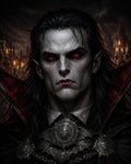 GRID THUMBNAIL — Portrait of a pale, red-eyed vampire with fangs, dark hair, ornate gothic armour and medallions, candles and spired castle glowing in the background.