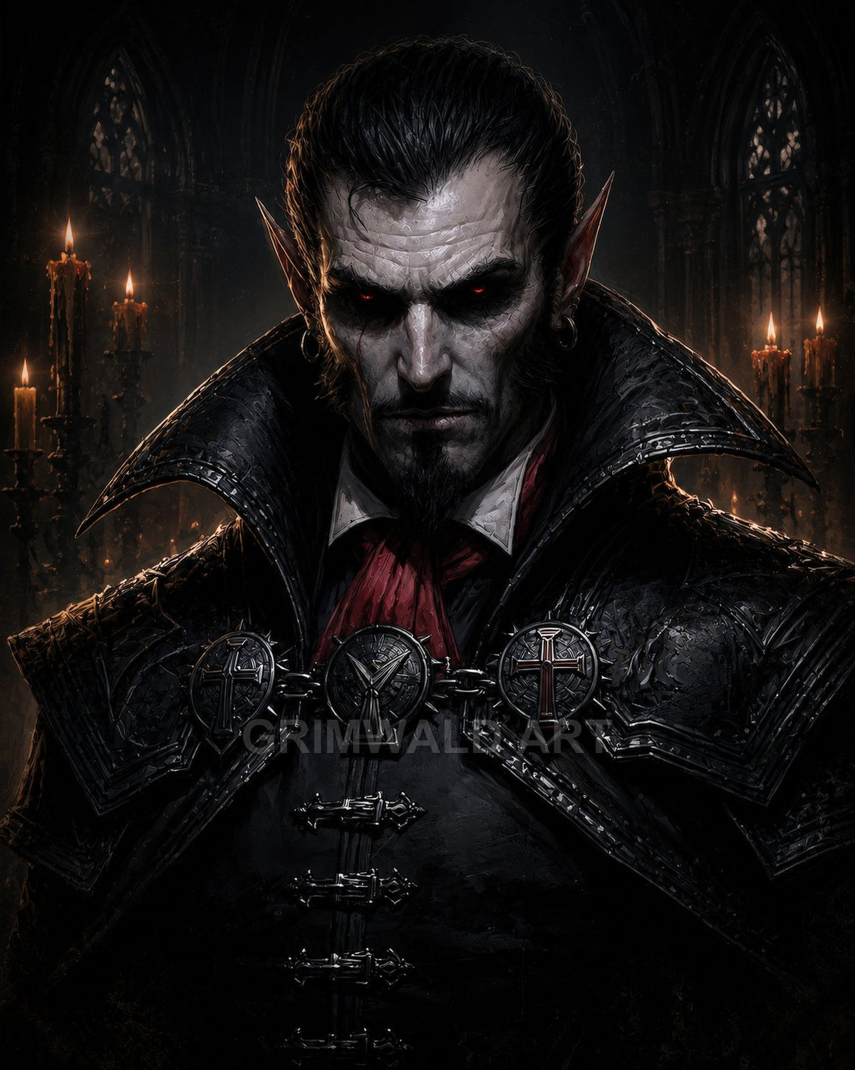 A stern, pale vampire noble with red eyes and pointed ears in ornate black coat, before candlelit gothic arches inside a shadowed cathedral.