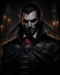 GRID THUMBNAIL — A stern, pale vampire noble with red eyes and pointed ears in ornate black coat, before candlelit gothic arches inside a shadowed cathedral.