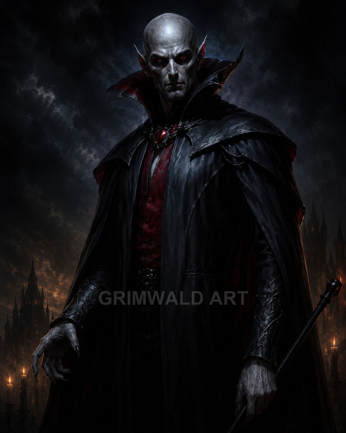 Pale, red-eyed vampire noble in a black high-collared cloak holds a staff before a stormy night sky and gothic castle spires.