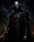 GRID THUMBNAIL — Pale, red-eyed vampire noble in a black high-collared cloak holds a staff before a stormy night sky and gothic castle spires.