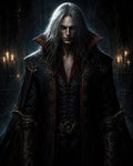 GRID THUMBNAIL — Pale vampire noble with long silver hair and red eyes stands in a candlelit gothic hall, wearing a high-collared black cloak and ornate vambraces.
