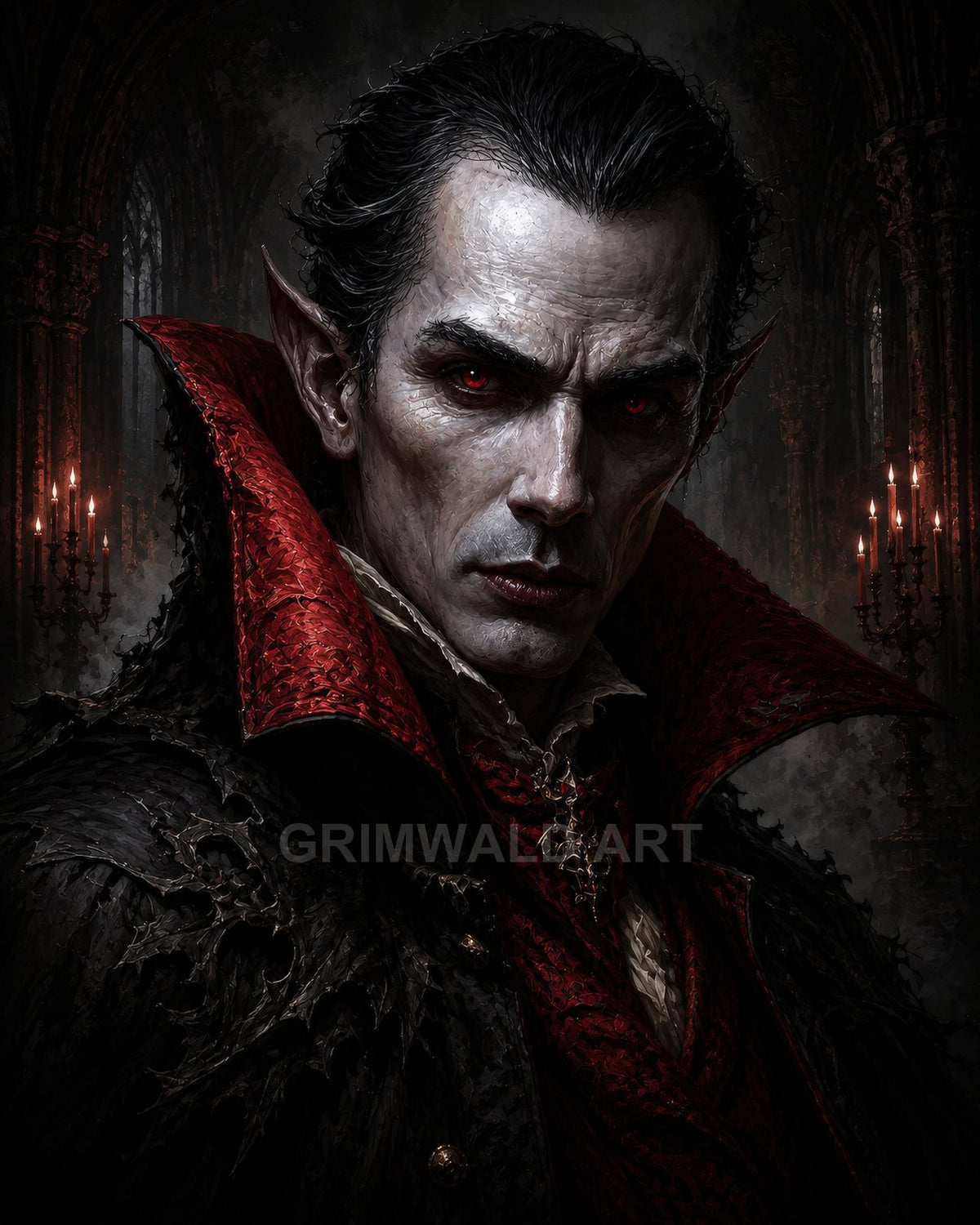 Close-up portrait of a pale vampire with red eyes and high red collar, in a dark gothic cathedral lit by candelabras.