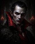 GRID THUMBNAIL — Close-up portrait of a pale vampire with red eyes and high red collar, in a dark gothic cathedral lit by candelabras.