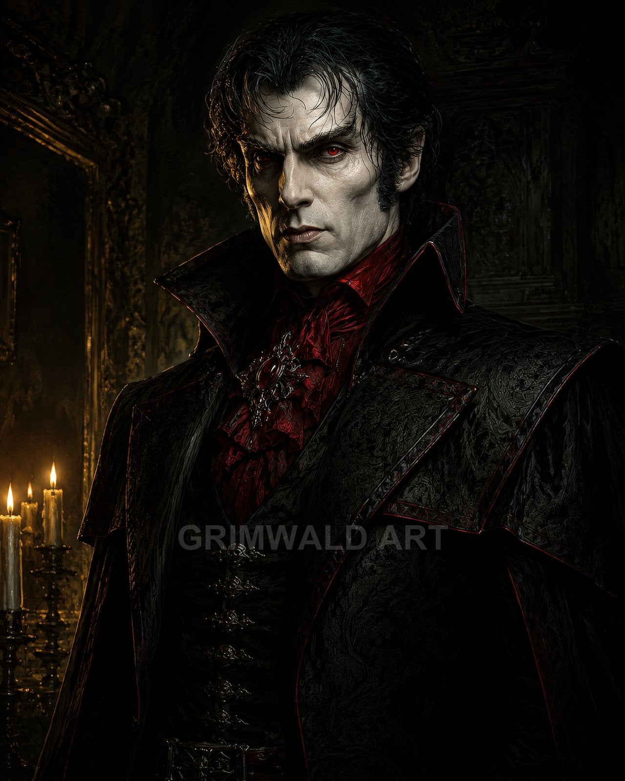 Portrait of a pale male vampire noble in an ornate black coat and crimson cravat, red eyes glowing, candles burning in a dark interior.
