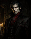 GRID THUMBNAIL — Portrait of a pale male vampire noble in an ornate black coat and crimson cravat, red eyes glowing, candles burning in a dark interior.