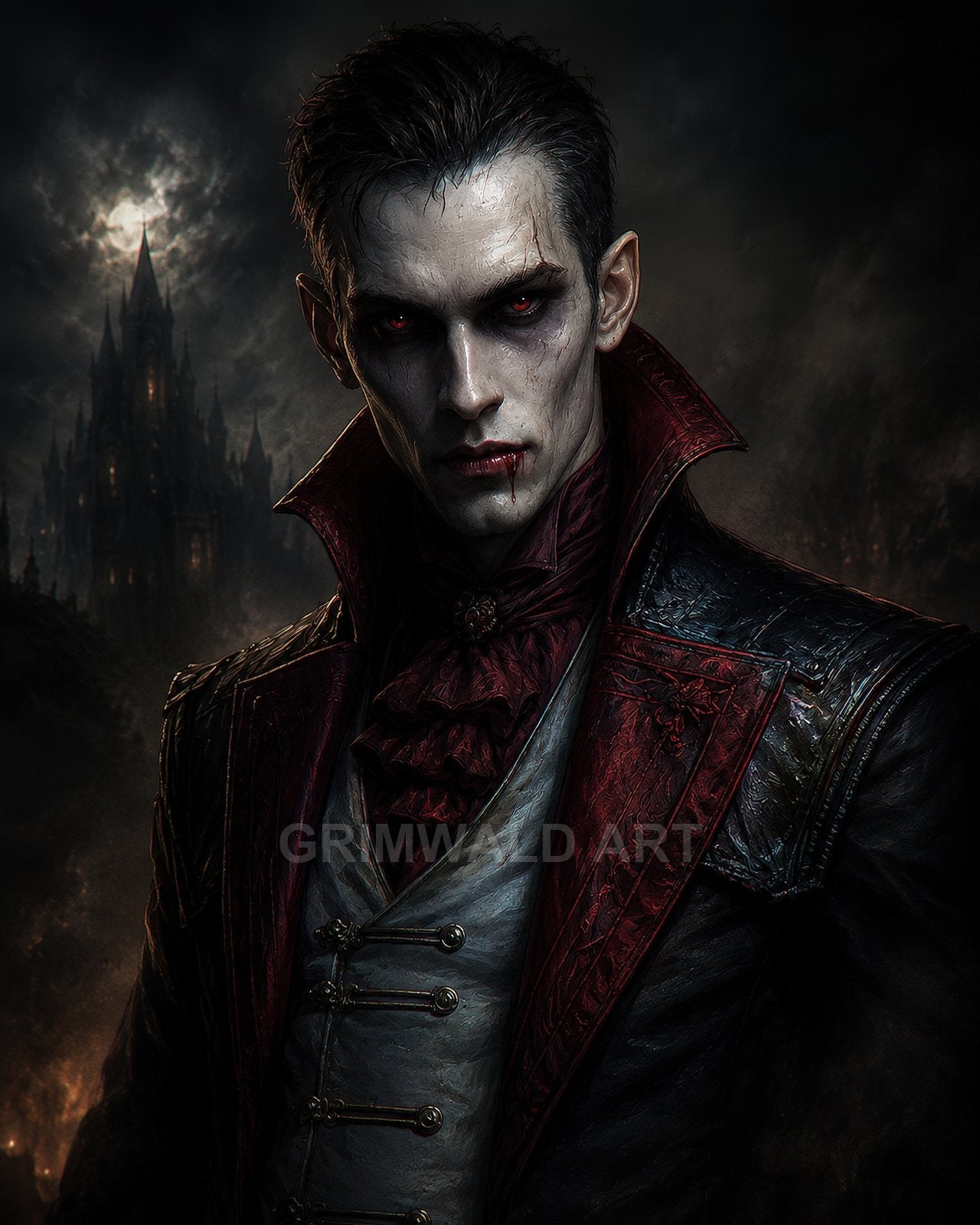A pale, red-eyed vampire noble in ornate Victorian attire with blood on his lips, standing before a moonlit gothic castle under a stormy night sky.
