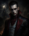 GRID THUMBNAIL — A pale, red-eyed vampire noble in ornate Victorian attire with blood on his lips, standing before a moonlit gothic castle under a stormy night sky.