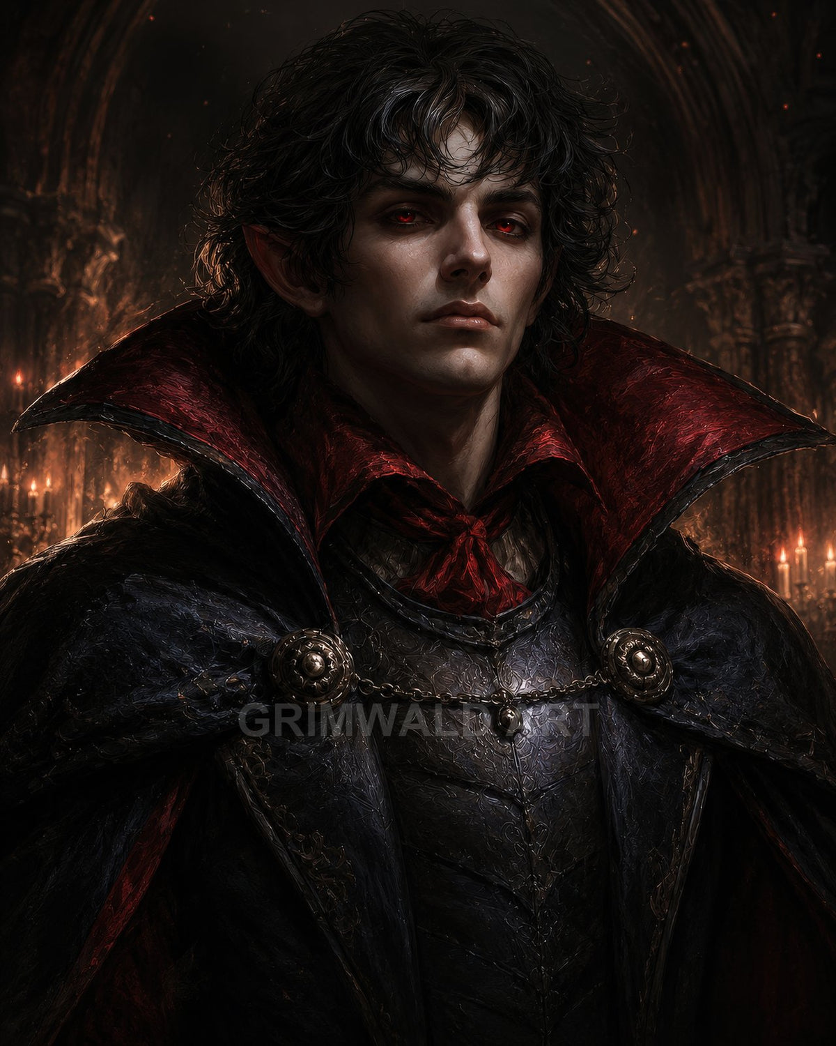 Pale, red-eyed vampire noble in black armour and red-lined cloak, posed before candlelit gothic arches inside a shadowy castle hall.