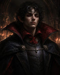 GRID THUMBNAIL — Pale, red-eyed vampire noble in black armour and red-lined cloak, posed before candlelit gothic arches inside a shadowy castle hall.