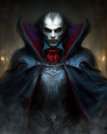 GRID THUMBNAIL — Gothic portrait of a pale, red-eyed vampire in ornate armour and a flared high-collared cloak, fangs bared, in a firelit castle.