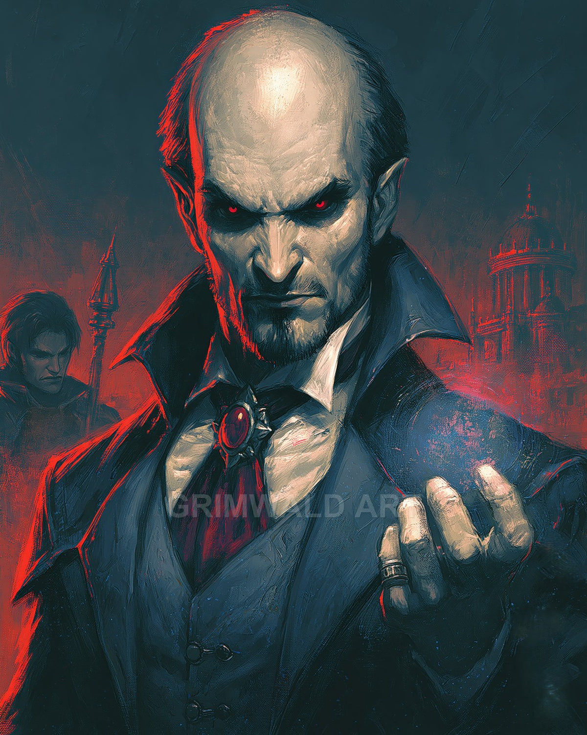 Bald, red-eyed vampire in a dark suit and cravat holds a glowing orb, with gothic city architecture silhouetted behind in moody red and teal lighting.