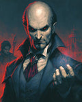 GRID THUMBNAIL — Bald, red-eyed vampire in a dark suit and cravat holds a glowing orb, with gothic city architecture silhouetted behind in moody red and teal lighting.
