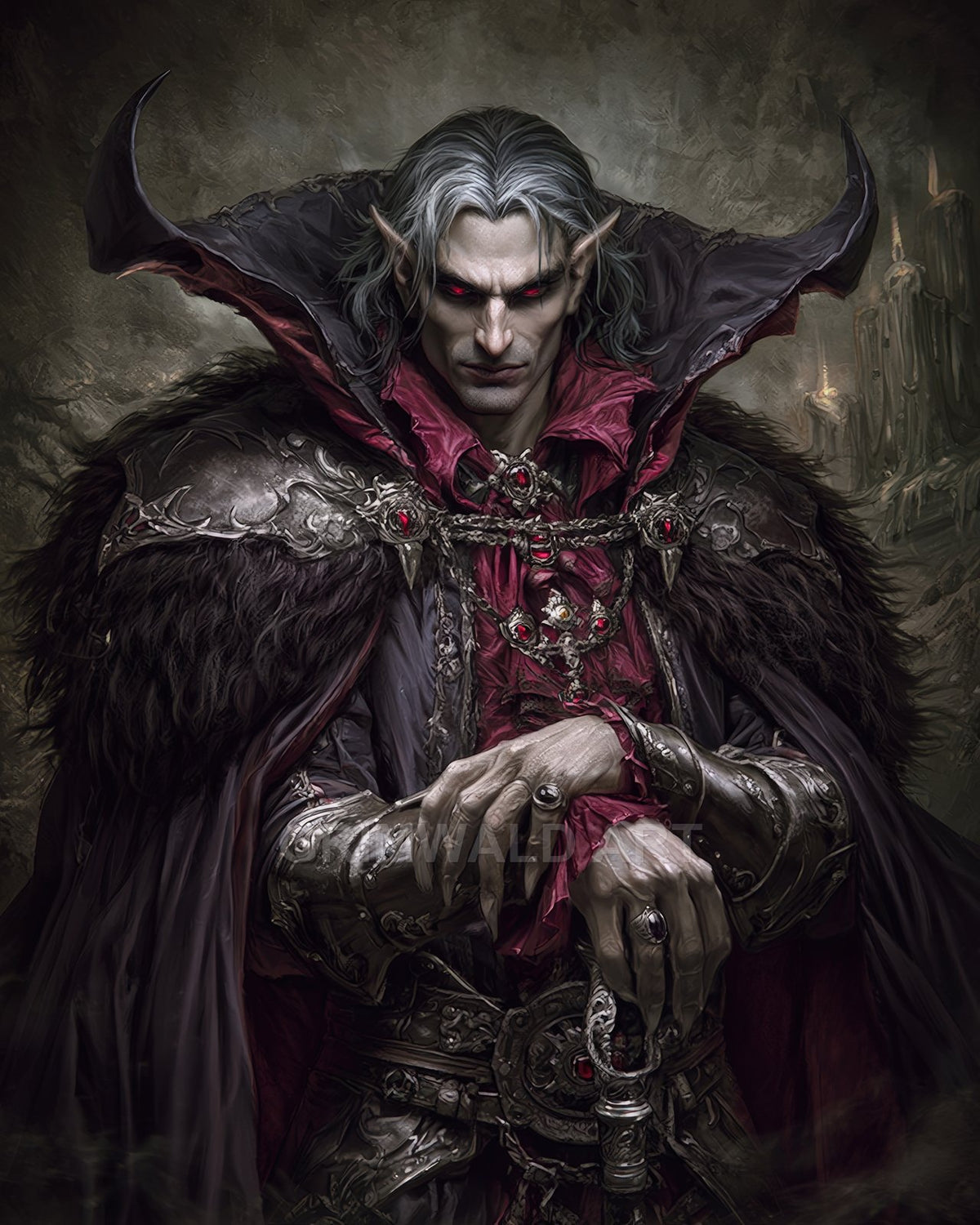 Gothic vampire noble with glowing red eyes, ornate armour and fur cloak, crimson jewels and high collar, posed before distant shadowy castle spires.