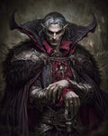GRID THUMBNAIL — Gothic vampire noble with glowing red eyes, ornate armour and fur cloak, crimson jewels and high collar, posed before distant shadowy castle spires.