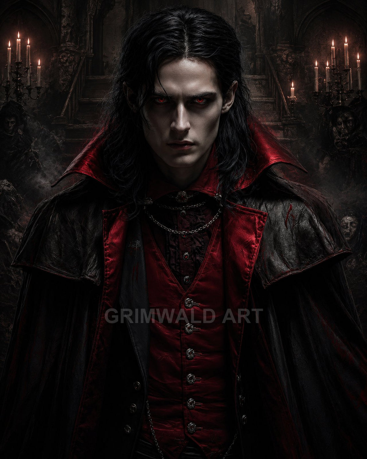 Pale, long-haired vampire in a red waistcoat and dark cloak stares with glowing red eyes inside a candlelit gothic castle interior.