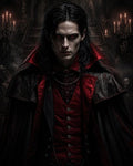 GRID THUMBNAIL — Pale, long-haired vampire in a red waistcoat and dark cloak stares with glowing red eyes inside a candlelit gothic castle interior.