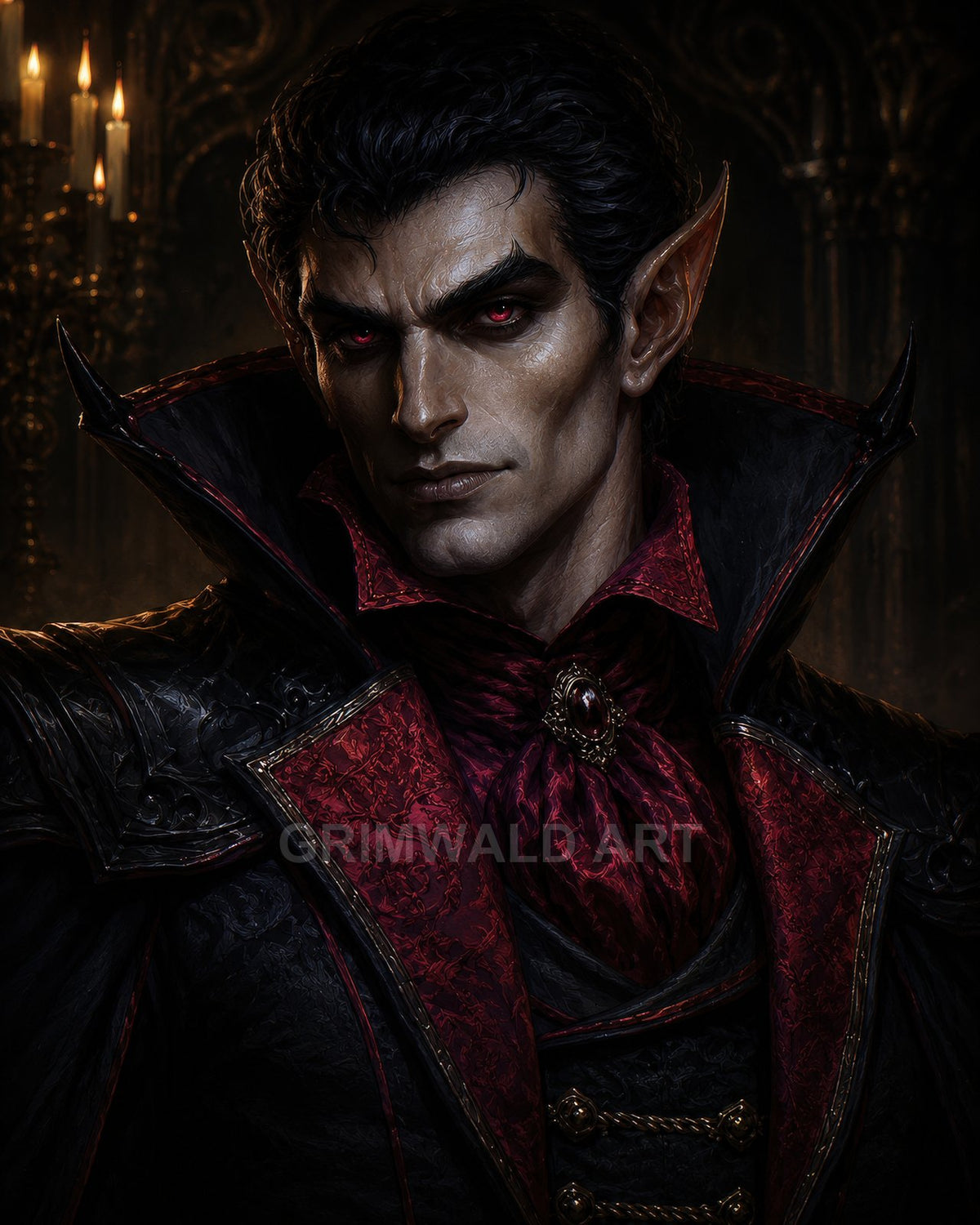 Portrait of a pale male vampire with red eyes and pointed ears, wearing ornate black and crimson attire in a candlelit gothic interior.